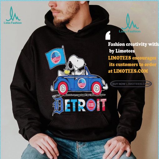 Official Snoopy And Woodstock Driving Car Detroit Sports Teams Flag T Shirt