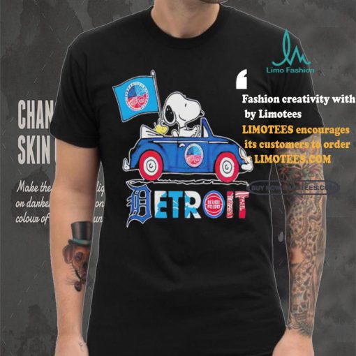 Official Snoopy And Woodstock Driving Car Detroit Sports Teams Flag T Shirt
