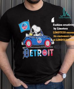 Official Snoopy And Woodstock Driving Car Detroit Sports Teams Flag T Shirt