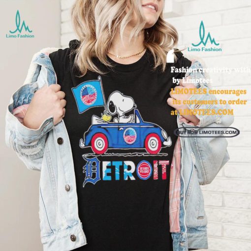 Official Snoopy And Woodstock Driving Car Detroit Sports Teams Flag T Shirt