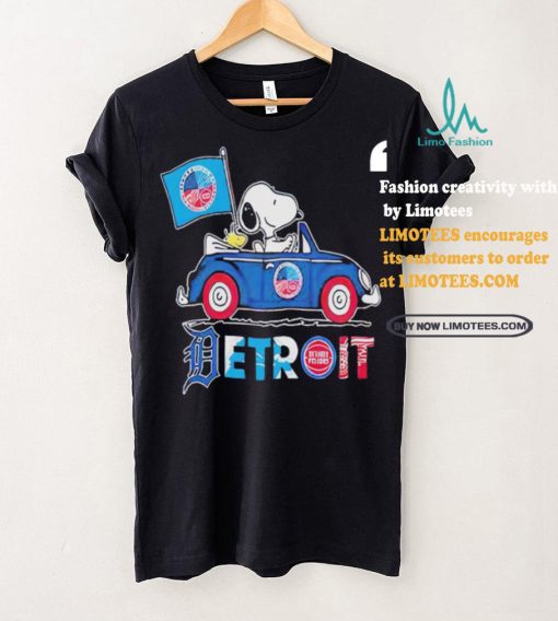 Official Snoopy And Woodstock Driving Car Detroit Sports Teams Flag T Shirt