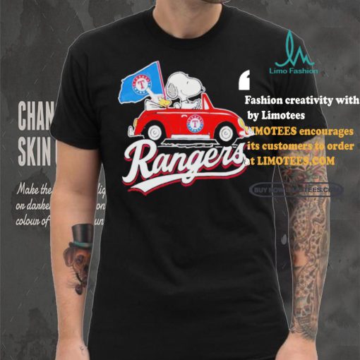 Official Snoopy Drives Car With Texas Rangers Flag T Shirt