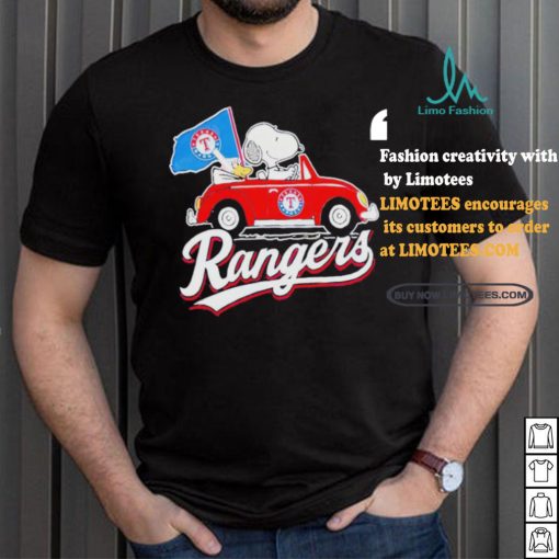Official Snoopy Drives Car With Texas Rangers Flag T Shirt