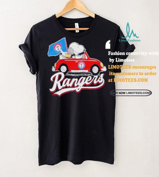 Official Snoopy Drives Car With Texas Rangers Flag T Shirt