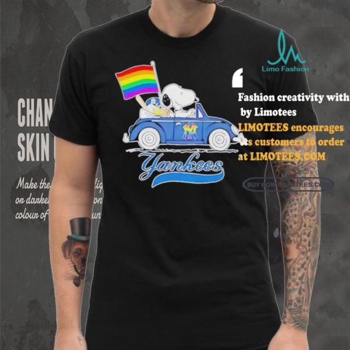 Official Snoopy and Woodstock Driving Car New York Yankees Pride Flag T Shirt