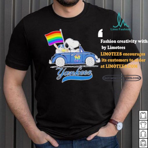 Official Snoopy and Woodstock Driving Car New York Yankees Pride Flag T Shirt
