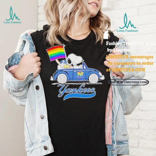Official Snoopy and Woodstock Driving Car New York Yankees Pride Flag T Shirt