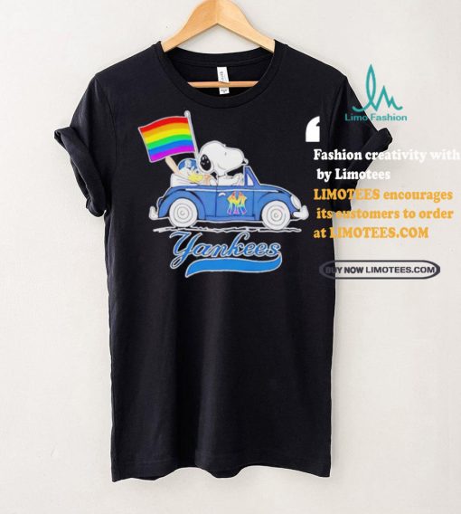 Official Snoopy and Woodstock Driving Car New York Yankees Pride Flag T Shirt