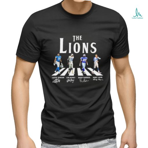 Official The Lions Abbey Road Calvin Johnson Lem Barney Barry Sanders And Bobby Layne Signatures Shirt