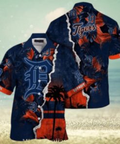 Personalized Sunset Palms Detroit Tigers Navy Aloha Shirt