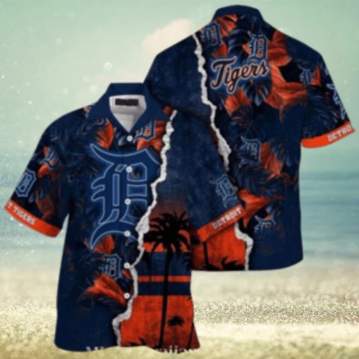 Personalized Sunset Palms Detroit Tigers Navy Aloha Shirt