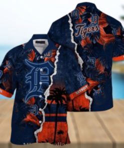 Personalized Sunset Palms Detroit Tigers Navy Aloha Shirt