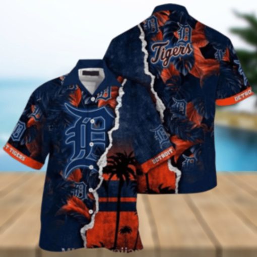 Personalized Sunset Palms Detroit Tigers Navy Aloha Shirt