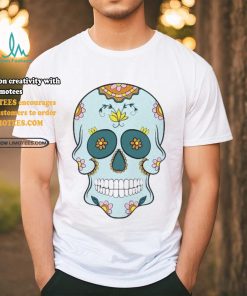 Sea Blue Sugar Skull With Flowers T Shirt