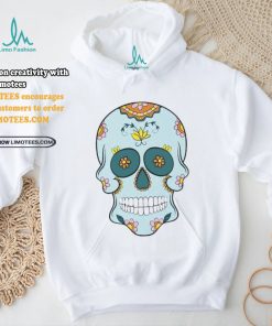 Sea Blue Sugar Skull With Flowers T Shirt