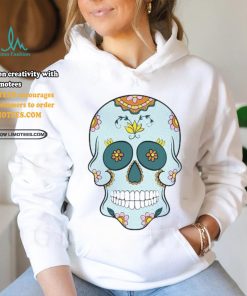 Sea Blue Sugar Skull With Flowers T Shirt