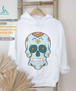 Sea Blue Sugar Skull With Flowers T Shirt