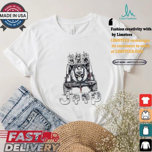 Skeletons sit on Jeep American flag Halloween shirt
