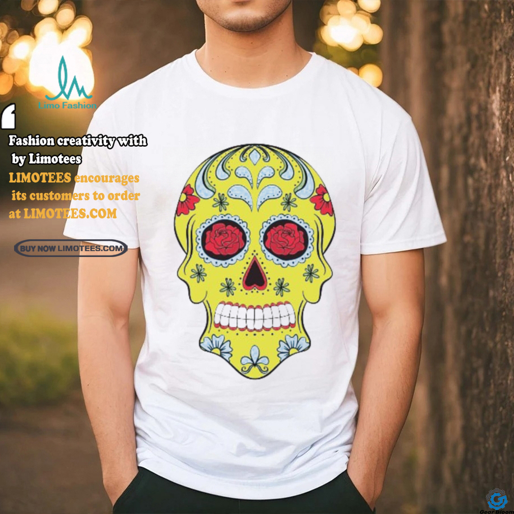 Yellow Sugar Skull With Flowers and Rose T Shirt Yellow Sugar Skull With Flowers and Rose T Shirt