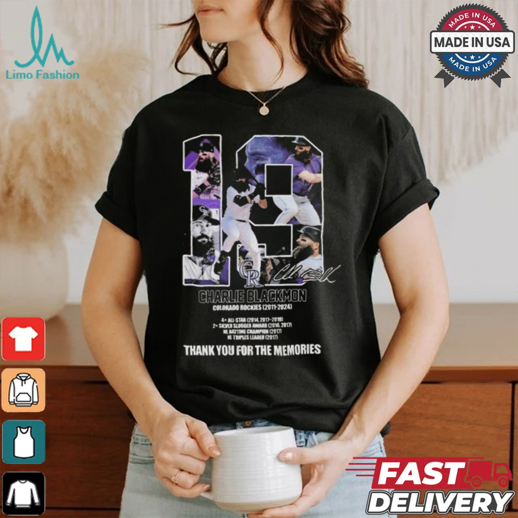 19 Charlie Blackmon Colorado Rockies 2011 – 2024 Thank You For The Memories Signature T shirt 19 Charlie Blackmon Colorado Rockies 2011 – 2024 Thank You For The Memories Signature T shirt