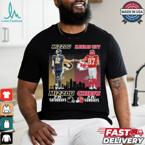 Brady Cook Mizzou Tigers On Saturdays and Travis Kelce Kansas City Chiefs On Sundays Signatures Shirt