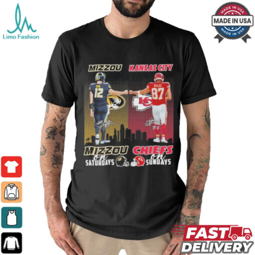 Brady Cook Mizzou Tigers On Saturdays and Travis Kelce Kansas City Chiefs On Sundays Signatures Shirt