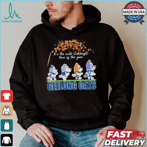 Geelong Cats x Bluey Characters Walking Fall It’S The Most Wonderful Time Of The Year Shirt
