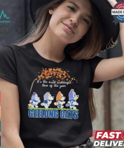 Geelong Cats x Bluey Characters Walking Fall It’S The Most Wonderful Time Of The Year Shirt