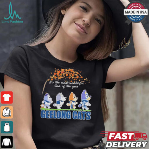 Geelong Cats x Bluey Characters Walking Fall It’S The Most Wonderful Time Of The Year Shirt