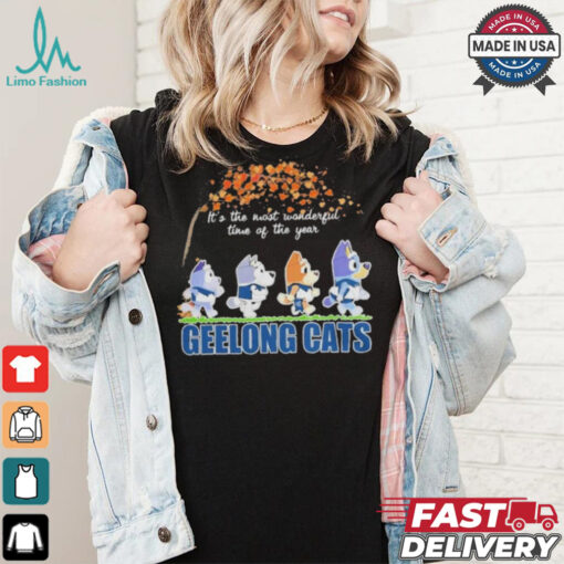 Geelong Cats x Bluey Characters Walking Fall It’S The Most Wonderful Time Of The Year Shirt