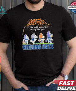 Geelong Cats x Bluey Characters Walking Fall It’S The Most Wonderful Time Of The Year Shirt