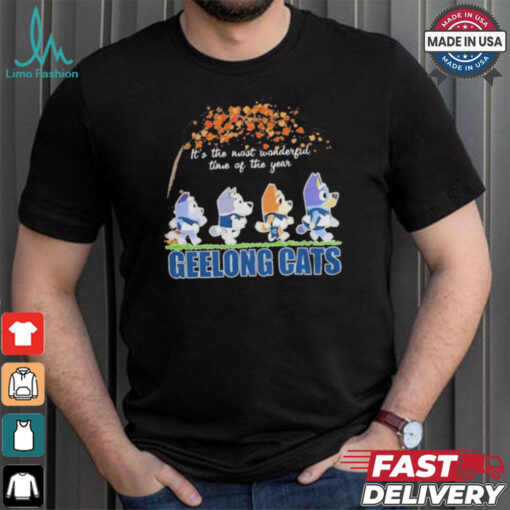 Geelong Cats x Bluey Characters Walking Fall It’S The Most Wonderful Time Of The Year Shirt