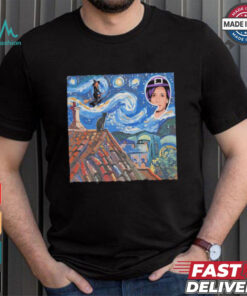 Halloween Starry Night Kamala Harris Witch Black Cat Comma La Van Gogh art shirt
