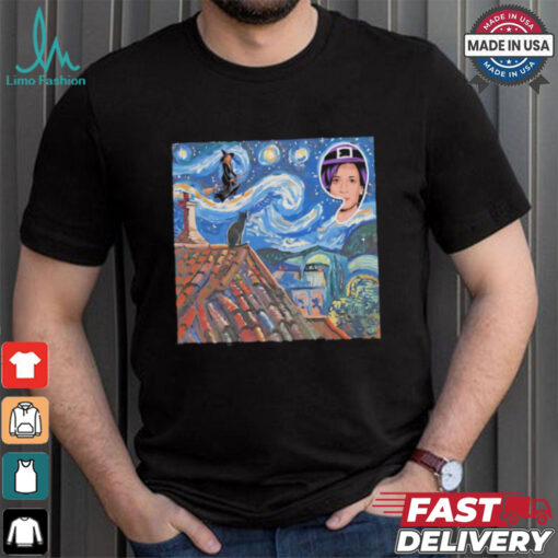 Halloween Starry Night Kamala Harris Witch Black Cat Comma La Van Gogh art shirt