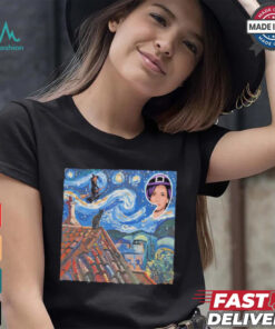 Halloween Starry Night Kamala Harris Witch Black Cat Comma La Van Gogh art shirt