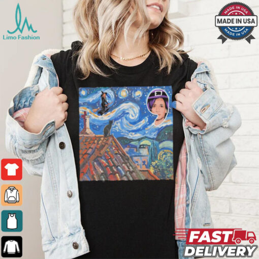 Halloween Starry Night Kamala Harris Witch Black Cat Comma La Van Gogh art shirt