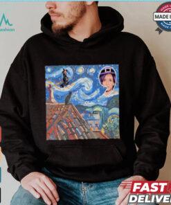 Halloween Starry Night Kamala Harris Witch Black Cat Comma La Van Gogh art shirt