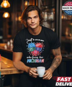 Just A Woman Who Loves Her Michigan Sport Teams Logo Heart Shirt