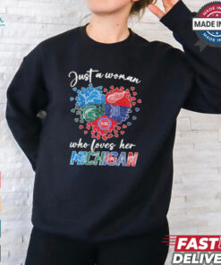 Just A Woman Who Loves Her Michigan Sport Teams Logo Heart Shirt
