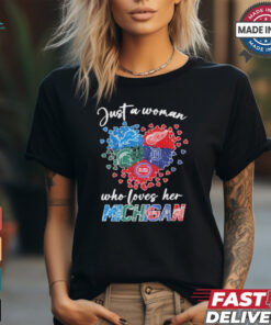 Just A Woman Who Loves Her Michigan Sport Teams Logo Heart Shirt