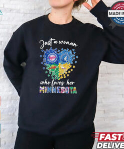 Just A Woman Who Loves Her Minnessota Sport Teams Logo Heart Shirt