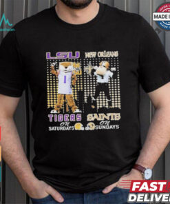Lsu tigers on saturdays mike new orleans saints sir saint and gumbo on sundays T shirt
