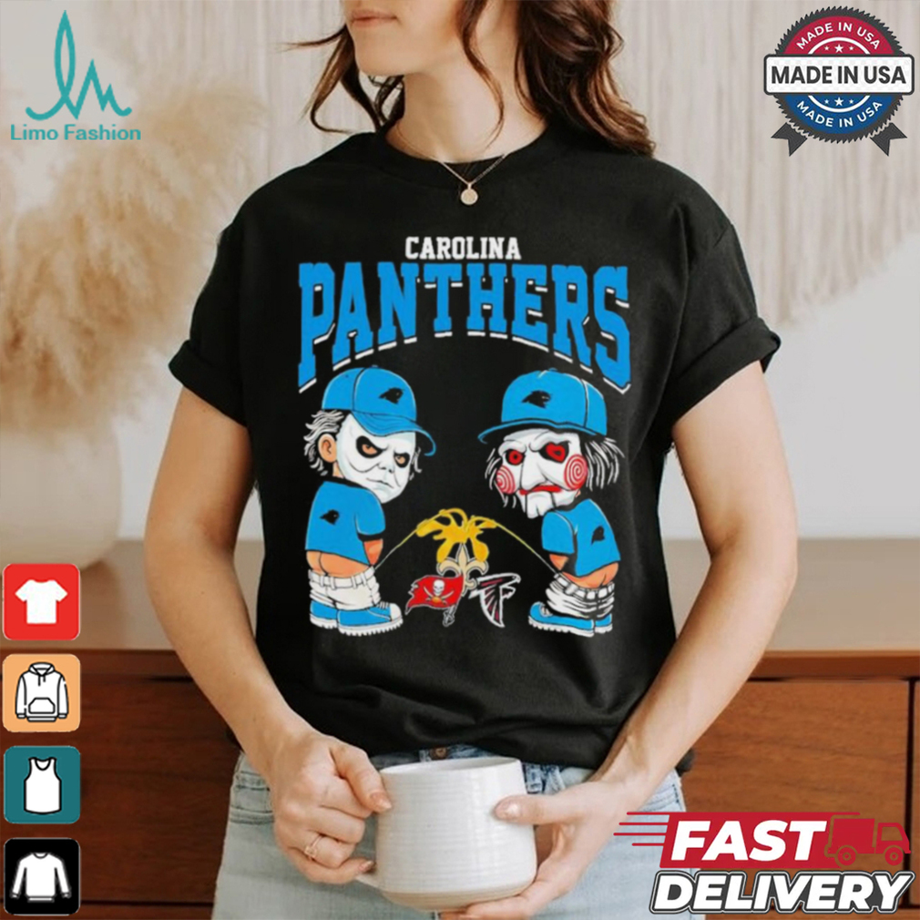 Michael Myers And Billy The Puppet X Carolina Panthers Pee On NFL Teams Halloween Shirt Michael Myers And Billy The Puppet X Carolina Panthers Pee On NFL Teams Halloween Shirt