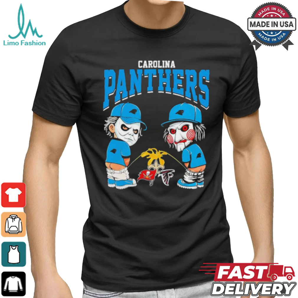 Michael Myers And Billy The Puppet X Carolina Panthers Pee On NFL Teams Halloween Shirt Michael Myers And Billy The Puppet X Carolina Panthers Pee On NFL Teams Halloween Shirt