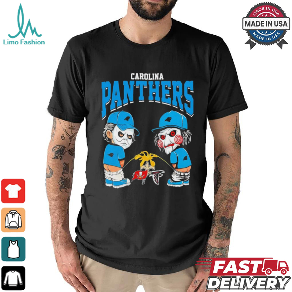 Michael Myers And Billy The Puppet X Carolina Panthers Pee On NFL Teams Halloween Shirt Michael Myers And Billy The Puppet X Carolina Panthers Pee On NFL Teams Halloween Shirt