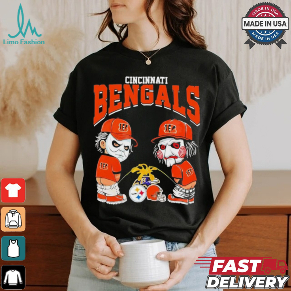 Michael Myers And Billy The Puppet X Cincinnati Bengals Pee On NFL Teams Halloween Shirt Michael Myers And Billy The Puppet X Cincinnati Bengals Pee On NFL Teams Halloween Shirt