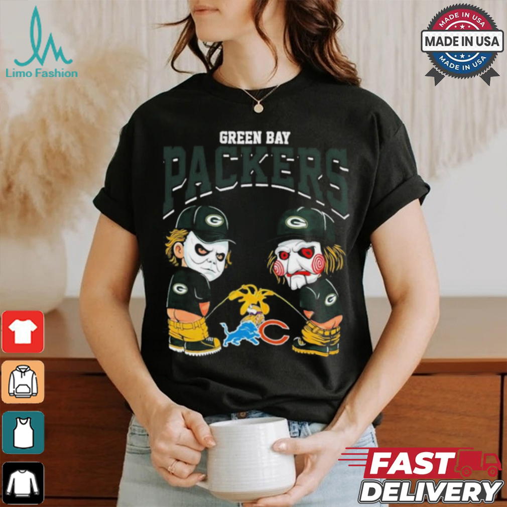 Michael Myers And Billy The Puppet X Green Bay Packers Pee On NFL Teams Halloween Shirt Michael Myers And Billy The Puppet X Green Bay Packers Pee On NFL Teams Halloween Shirt