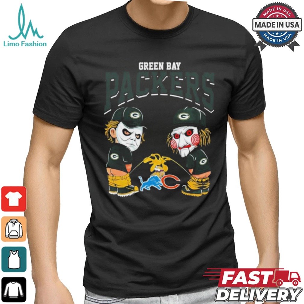 Michael Myers And Billy The Puppet X Green Bay Packers Pee On NFL Teams Halloween Shirt Michael Myers And Billy The Puppet X Green Bay Packers Pee On NFL Teams Halloween Shirt