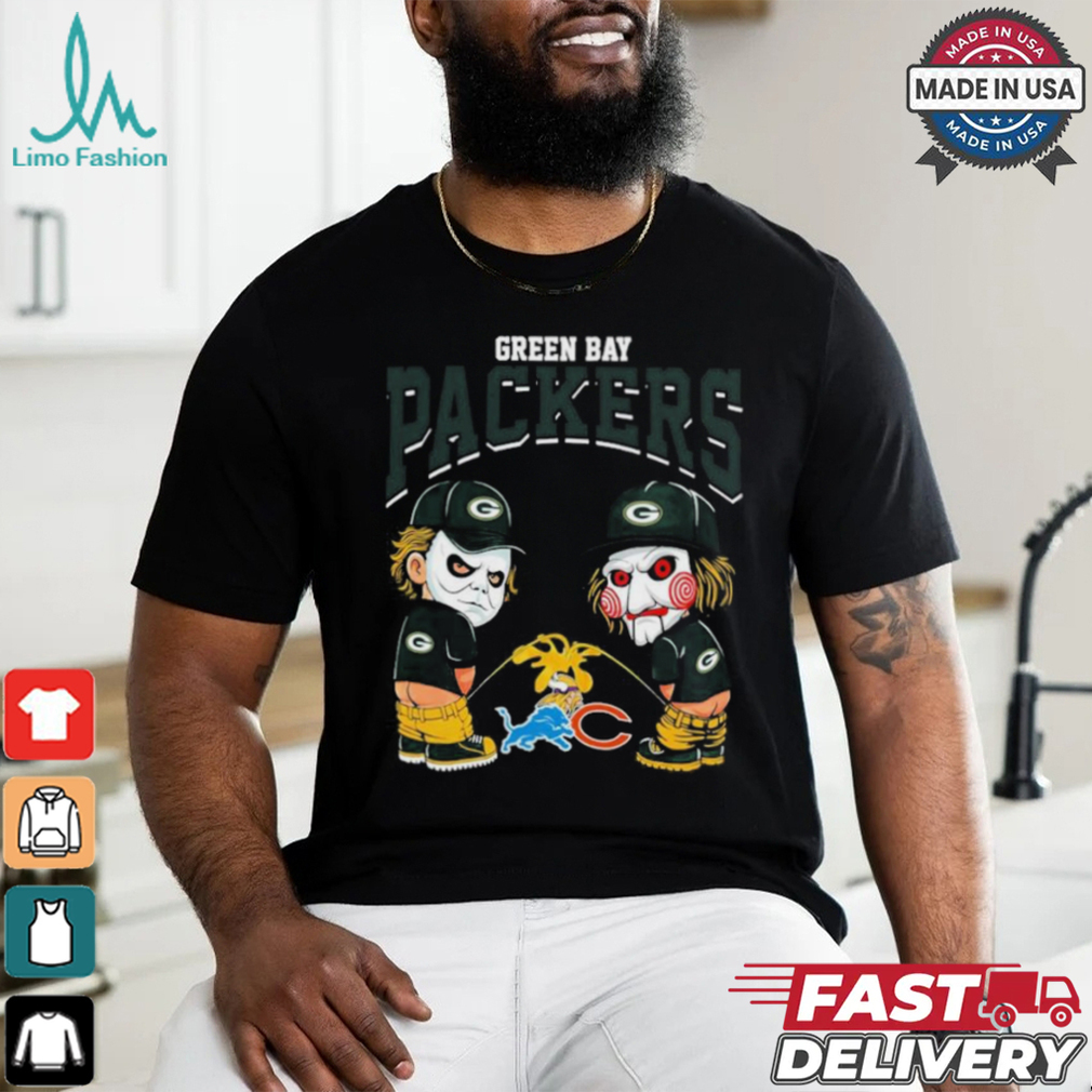 Michael Myers And Billy The Puppet X Green Bay Packers Pee On NFL Teams Halloween Shirt Michael Myers And Billy The Puppet X Green Bay Packers Pee On NFL Teams Halloween Shirt