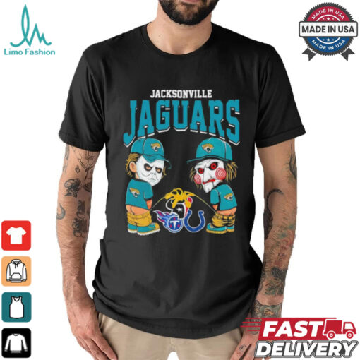 Michael Myers And Billy The Puppet X Jacksonville Jaguars Pee On NFL Teams Halloween Shirt